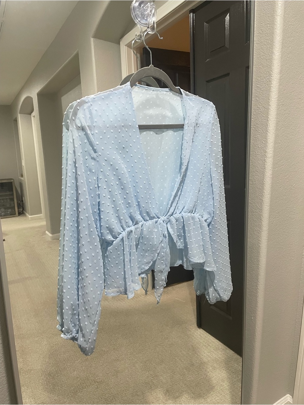 Light Blue Swiss Dot Tie-Front Blouse
